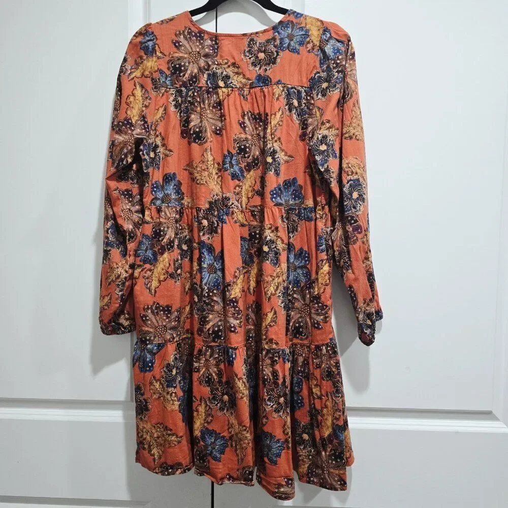 Old Navy - M Women Tie‎ Neck Tiered Orange Floral Mini Swing Dress Boho